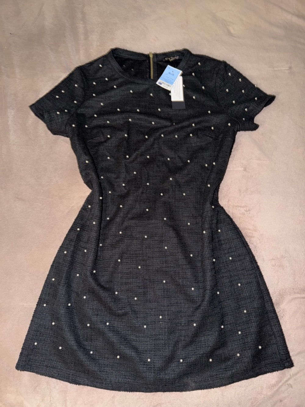 Black Pearl-Embellished Short Sleeve Dress